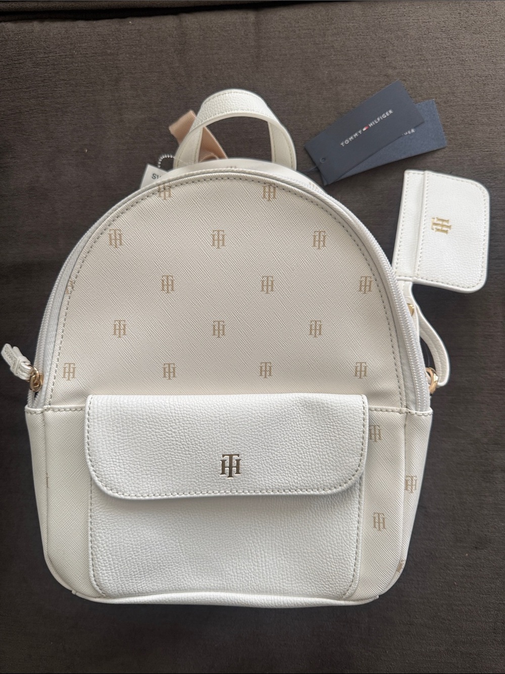 Tommy Hilfiger Cream Mini Backpack with Gold TH Monogram